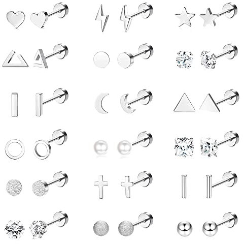 Kakonia 18 Paar 𝐎𝐡𝐫𝐬𝐭𝐞𝐜𝐤𝐞𝐫 aus chirurgischem Edelstahl für Damen Herren 20G Knorpelohrringe Ohrstecker Kreuz Mond Stern Kleine Ohrstecker Schwarzgold Ohrringe mit flacher Rückseite Silber