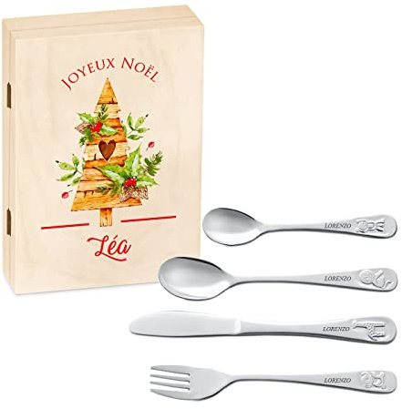 Maverton Set de couverts personnalisé dans boîte en bois imprimée - Thème Animal - Cadeau d'anniversaire personnalisé - Pour filles - Cadeaux bébé - Coutellerie gravée - ARBRE