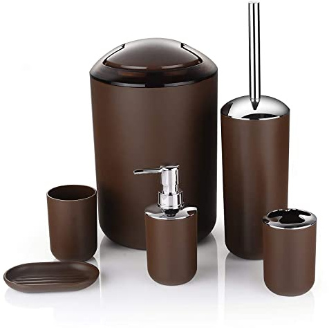 PITRAK 6 teiliges Badezimmer Accessoires Set, Lotionsflaschen, Zahnbürstenhalter, Zahnbecher, Seifenschale, Toilettenbürste, Mülleimer, Badeset aus Kunststoff (Braun)