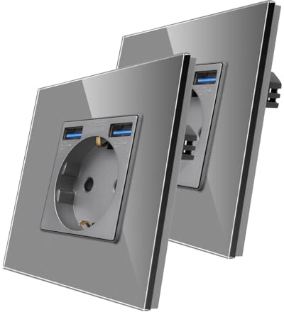 2 paquete CNBINGO Enchufe puertos USB (Tipo-A 2.1 Amp total) - Enchufe de pared de contacto de protección de diseño simple con marco de vidrio - Toma USB de empotrar en Gris