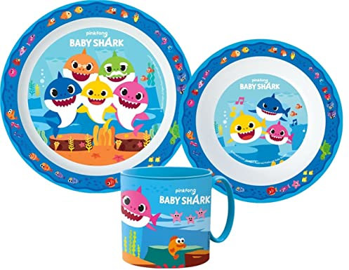 Baby Shark Cartoon Character Dinner Tableware Set 3pcs Plate, Bowl & Mug, BPA Free re-usable Plastic Microwave Safe (Baby Shark)