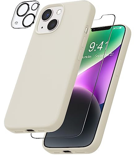 YATWIN Case Compatible for iPhone 14 with 1 Pack Screen Protector + 1 Pack Camera Lens Protector, Liquid Silicone Slim Soft Rubber Shockproof Phone Case Compatible for iPhone 14 - Antique White