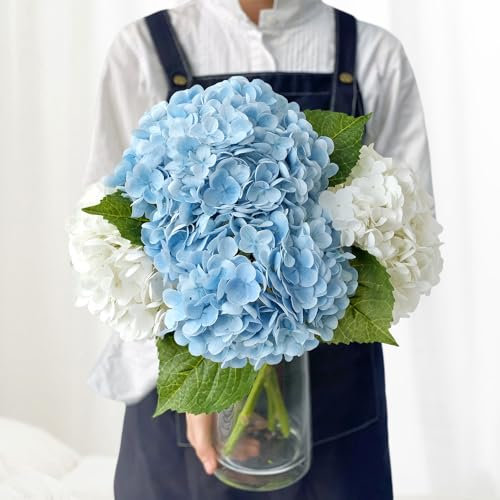 JINWOE Künstliche Hortensien aus Seide, fühlt sich echt an, hellblau/weiß, Herbst, lebensechte künstliche Hortensien, Blume für Halloween, Weihnachten, Tafelaufsätze, Tisch, Küche, Zuhause, 4 Stück