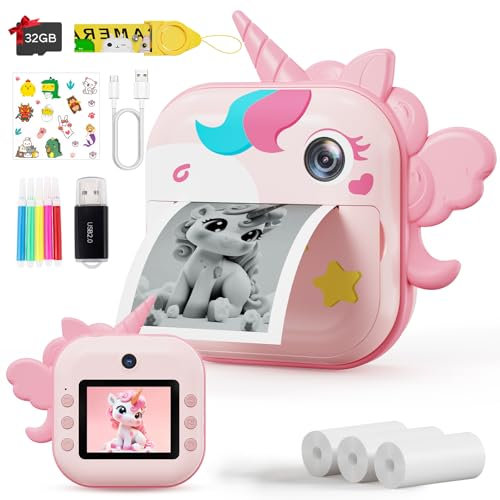 Selvim Kinderkamera, 2,4'' Bildschirm Sofortbildkamera Kinder Kamera 1080P HD Videokamera mit 32GB TF-Karte, Dual-Objektiv Digitalkamera, Fotoapparat Geschenk für Kinder Mädchen 3-14 Jahren (Einhorn)