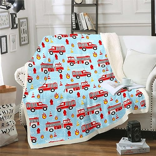 Homewish Feuerwehrmann Decke für Jungen Kinder Feuerwehrwagen Dekor Wurf Decke, rote Feuerwehrmann Auto Dekor Fleece Decke Mädchen Teens Feuerwehrwagen Fahrzeug Feuerwehr Blau Fuzzy Decke 130x150cm