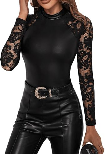 GORGLITTER Damen PU Leder Oberteil Stehkragen Langarm T-Shirts Spitzen-Raglanärmel Herbstshirt mit Spitzen Schwarz M