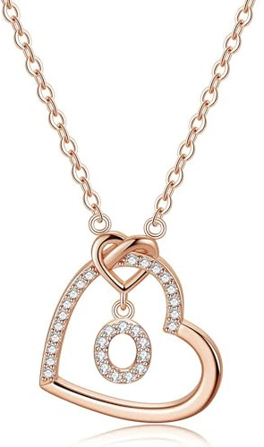 LIHELEI Damen Halskette Herz Buchstabe S925 Roségold Kette Damen Personalisiere Kette, Geburtstags und Weihnachten Geschenk Für Frauen Mädchen Mama Freundin - O(Roségold)
