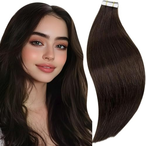 RUNATURE Tape Extensions Echthaar 40cm Dunkelbraun Haarverlängerung Skin Weft Braun 50g 20pcs #2