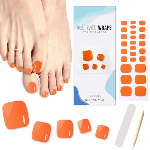 Ceboic 26PCS Autocollants Auto-adhésifs pour Ongles en Gel Semi-durci, Bandes de Vernis à Ongles Couleur Unie Ongle d'orteil Autocollants, Pedi Wraps Décorations Manucure pour Ongles de Pied (Orange)
