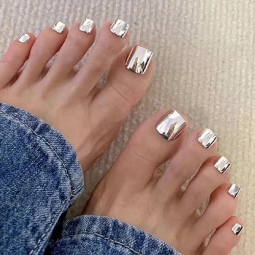 NICENEEDED 24 PCS Metal Silver Press on False Toe Nails, Coffin Glue on Acrylic Toenails, Glossy Reusable Artificial Stick on Fake Toe Nails for Women Nail Salon and Nail Decoration Halloween