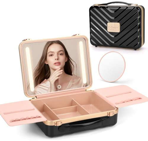 Deciniee Make Up Tasche mit Spiegel: 3 LED Licht Kosmetiktasche mit Spiegel - Tragbare Schminktasche mit Spiegel - Schminktasche Groß Kosmetikkoffer für Frauen und Mädchen - Schwarz