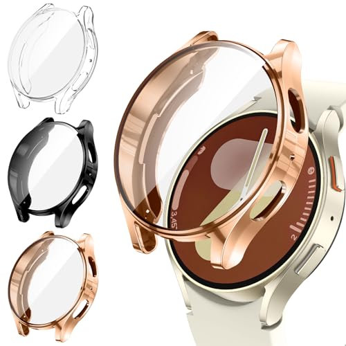 [3Pezzi] Kamita Custodia per Samsung Galaxy Watch 7 40mm, Morbido TPU Bumper Case con Protezione Dello Schermo, Custodie Protettiva a Copertura Totale Cover per Samsung Watch7 (Chiaro+Nero+Oro Rosa)