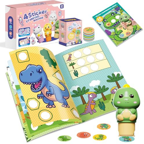 Fozcmisw Sticker Stempel, 24-Seitiges Aktivitätenblock mit 300 Aufkleber, Aufkleberstempel Kinder Fidget Bastelspielzeug,Reisespielzeug für Kleinkinder ab 3 4 5 6 Jahren-Dinosaurierpaket