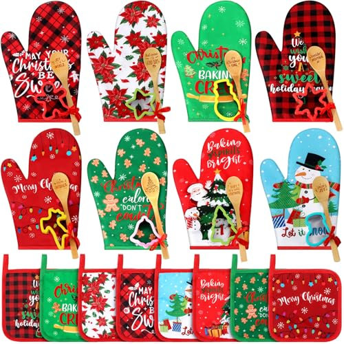 Suclain 32 pezzi divertenti guanti da forno natalizi presine set regalo di festa novità parola cottura biscotti cucchiai di legno cucina forniture di Natale per le donne cucinare regali di cottura