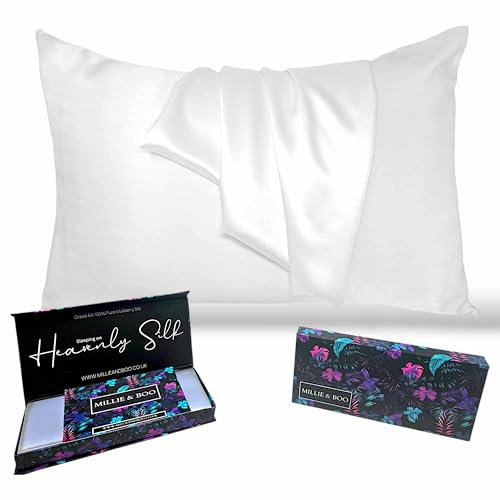 Millie & Boo Seidenkissenbezug – 22 Momme Bio-Seiden-Kissenbezüge für Haar und Haut, weiß, 50 x 75 cm, mit Reißverschluss und Geschenkbox, Luxus-Kissenbezug für Damen, Klasse 6A