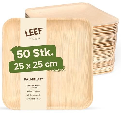 Leef 50x Palmblatt Teller eckig - Einweggeschirr kompostierbar und naturbelassen - 25 x 25 cm
