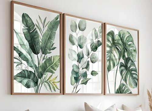 A set of 3 Monstera Leaf Watercolor Art Print – Tropical Plant Decor for Home – Natural Plant Leaves Home Decor – Minimalist Botanical Print - Plant Wall Art Set- UNFRAMED (Design 1, 29.7x42 cm (A3))