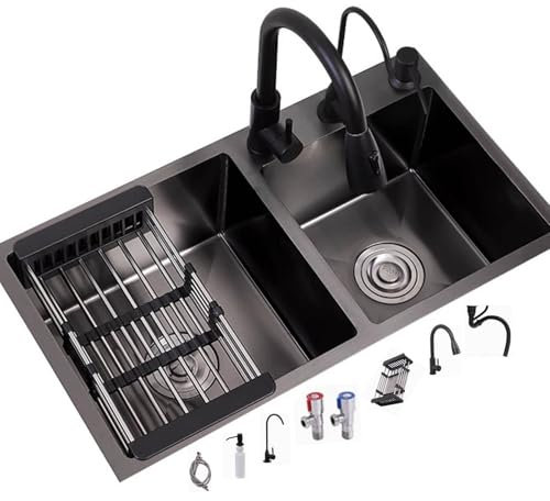 SZKTHD Fregadero De Cocina De Dos Senos Fregadero De Acero Inoxidable Negro Fregadero De Cocina Grande Fregadero De Hotel De 82 Cm Accesorios Completos