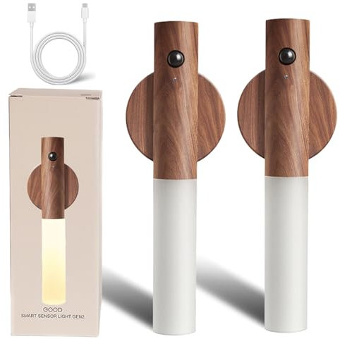 Motion Sensor Night Light, USB Rechargeable Wall Light Portable Removable Magnet Body Sensor Wall Lamp, Wireless Led Light for Indoor Hallway Stairway Porch Automatic Sensing Lamp (Walnut Wood 2PS)