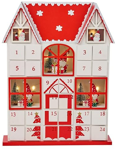 URBNLIVING Wooden House Advent DIY Calendar to Fill Yourself Christmas Santa House with LED Lights 24 Drawer Countdown Reusable Tabletop Xmas Decorations for Adults Kids Gifts Holiday (Red & White)