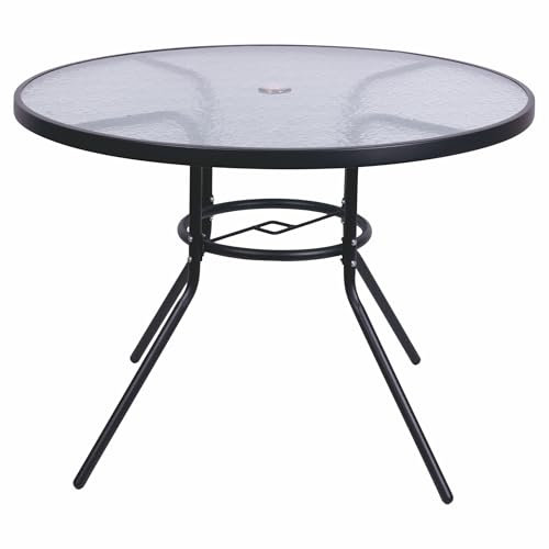 Tavolo Tondo da Esterno 100 cm in Acciaio al Carbonio, Top in Vetro temperato Effetto martellato, Antracite, Esté