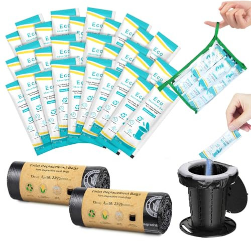 BLIKA 30 Count Camping Toilet Bags Eco Absorbent Gel Set, Portable Toilet Bags with Gel, 8 Gallon, 30 Liter, Heavy Duty 1 Mil, Toilet Replacement Bags with Toilet Powder for Camping Outdoor Hiking