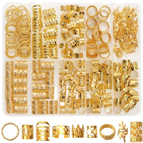CPOXITI 220Pcs Hair Jewelry for Dreadlock, Metal Hair Charms for Women, Gold Braids Rings Cuffs Clips for Hair Braids, Loc Jewelry Dreadlock Accessories