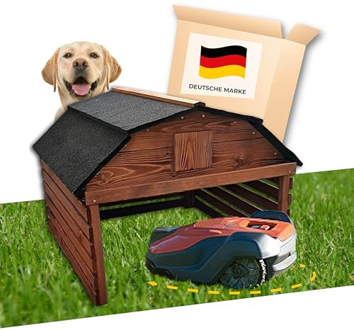 JETZT NEU! STAHLMANN® Mähroboter Garage aus Kiefernholz [77,5 x 73 x 63 cm] - Rasenroboter Garage BRAUN [wetterfest] Mähroboter Garage [MADE IN EUROPE]