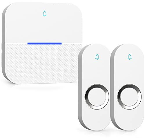 Yomiuwo Lighted Wireless Doorbell for Home, Waterproof Battery Doorbell 1,000ft Range, 5 Volume Levels with 58 Doorbell Chimes & LED Flash (White, Doorbell with 2 Button & 1 Receiver)