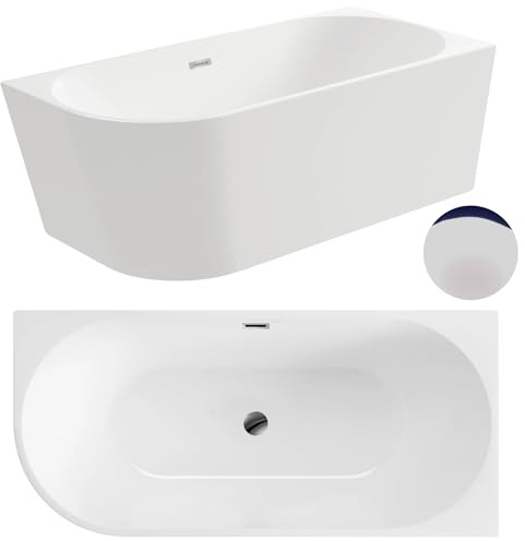 Aquauno - Baignoire d'angle autoportante à droite - 170 x 80 cm - Ovale - En acrylique sanitaire de qualité supérieure - Baignoire design en acrylique avec bonde clic clac - Trop-plein - Cadre en