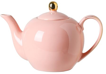 PRECITIME 30oz Pink Porcelain Teapot, Blush Ceramic Teapot with Gold Trim | Romantic Teapot for Loose Leaf Tea, Tea Parties Gifts, 3-4 Cups tea pot