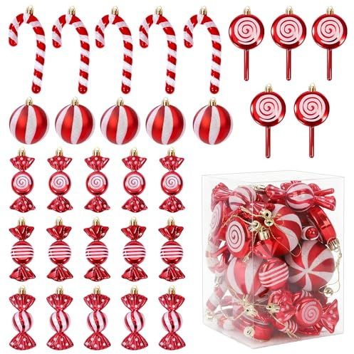Decorazioni Albero di Natale Caramelle, 30 Pezzi Candy Natalizi Ornamento Ciondoli in Plastica, Glitter Bastoncini di zucchero da appendere per l'Albero di Natale, Rosso e Bianco