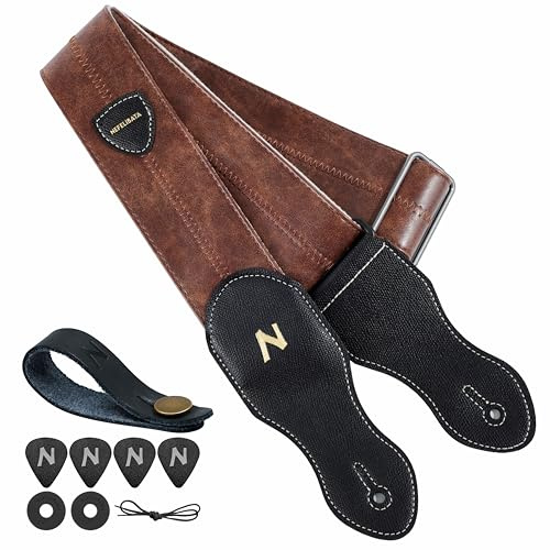 Nefelibata Guitar Strap with Pick Pocket, 2.3 inch Soft Vegan Leather Guitar Straps, 60s Vintage Style（Brown）
