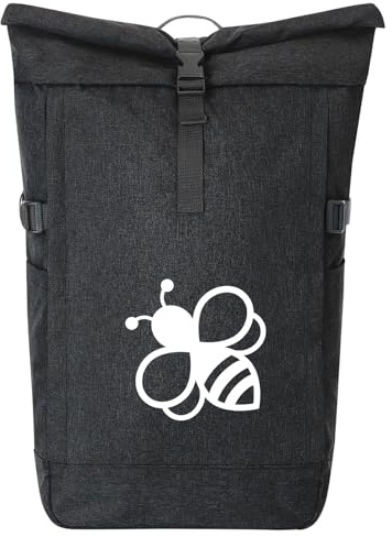 Huuraa Kurierrucksack Biene Silhouette Geschenk | 30-44 Liter Backpack Black Melange Fairtrade Rolltop Rucksack Geschenkidee Schwarzer Laptop-Rucksack passend für 17-Zoll