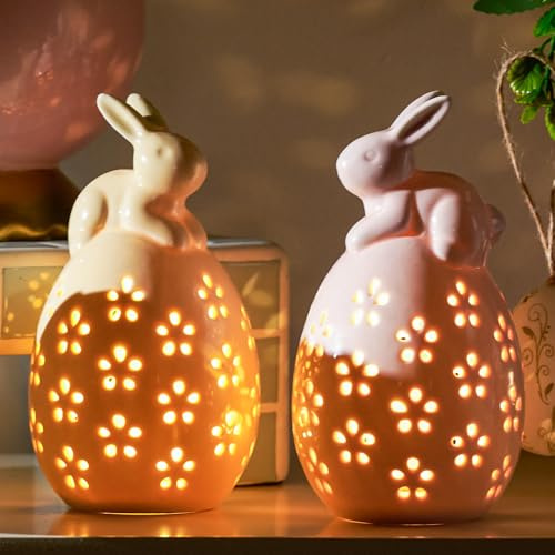 DN Decoration LED Osterdeko Hasen Set, Rosa & Gelbe Keramik Hasen mit Beleuchtung für Frühlings Tischdeko, Leuchtende Hasen Statuen für Landhaus Wohndekoration, Geschenk 2 Stück