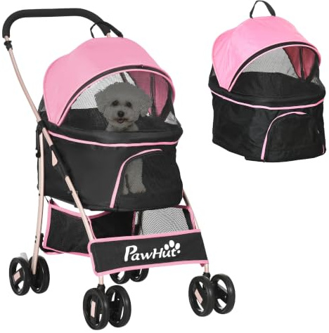 PawHut Passeggino per Cani 3 in 1 Pieghevole Convertibile, Rosa