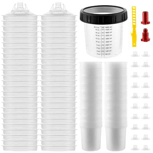 APACALI Lot de 50 gobelets mélangeurs de peinture de 600 ml, pour pistolets à peinture HVLP et LVLP avec 50 gobelets et couvercles, 1 gobelet rigide avec anneau de support et 20 bouchons de fermeture