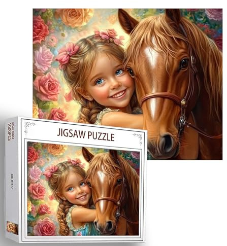 1000 Teile Puzzles für Erwachsene Niedliches Mädchen mit Pferd Malerei Puzzle Blumen 1000 Teile Puzzles für Happy Easy Family Activity Spiel Blumen Kunst Wanddekoration DIY Puzzle Geschenk