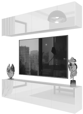 Belini Milano 6 Wohnwand Schrankwand TV-Schrank 200cm Weiß Hochglanz | Wohnwand mit grifflosem System, weiße Korpusse, DECOR ECONATURA kratzfest, Gasliftsystem, Wandmontage, Anbauwand, TV-Möbel