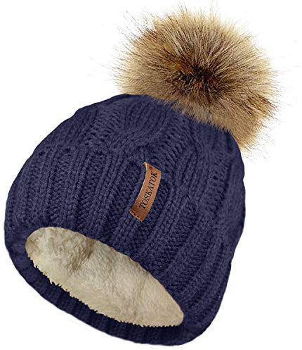 TOSKATOK Damen Chunky weichen Kabel Stricken Hut mit gem�tlichem Fleecefutter und abnehmbarem Kunstpelz Pompom-Navy