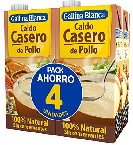 GALLINA BLANCA Caldo Casero de Pollo 100% Natural | Elaborado con Pollo Fresco y Verduras de la Huerta, Cocinado a Fuego Lento Durante 3h. Sin Gluten, Sin Conservantes, Bajo en Grasa - 4L