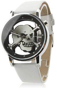 FENKOO Damen Modeuhr Quartz PU Band Armbanduhr/Totenkopf Schwarz/Weiß/Rosa