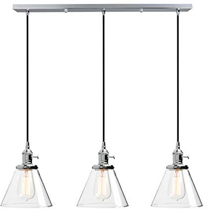 Phansthy Lustre, en verre transparent, pour 3 ampoules, design rétro moderne, suspension vintage, style rétro classique, couleur chrome