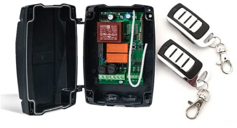 Kit profesional de central de maniobras para motores a 220v de puertas enrollables y persianas, con receptor de radio multimarca incorporado, con 2 mandos a distancia código evolutivo. Alta calidad.