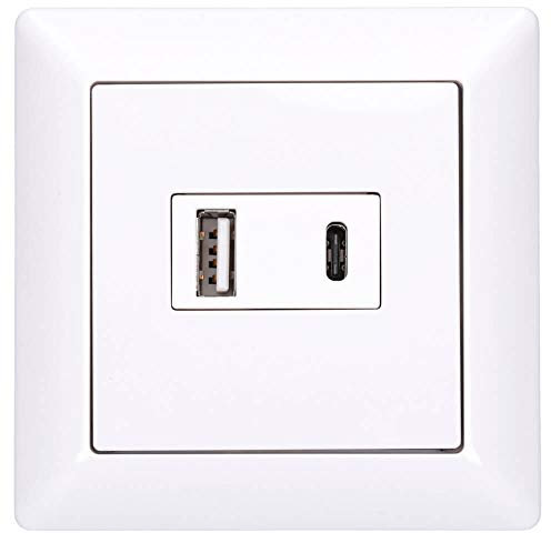 Jung USB-Ladegerät USB15CAWW Komplett-Set mit 2 USB-Buchsen Ports: 1× USB Typ A, 1 ×Typ C (max. 3A) mit Abdeckung A1569USBWW und 1-fach Rahmen AS581WW Alpinweiß Serie AS