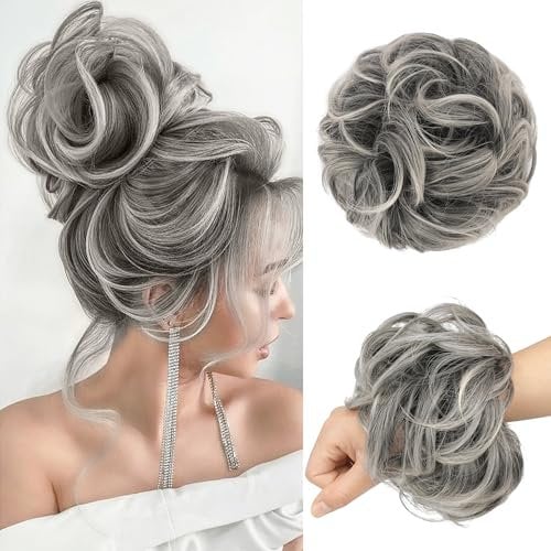FESHFEN Haarteil Mit Gummiband, Groß Dutt Haarteil Haargummi Mit Haaren Gelockt Haardutt Synthetisch Haarverlängerung Pferdeschwanz Haarteile für Damen Mädchen, Schwarz, Grau und Weiß 55g