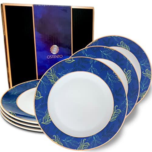 OSTENTO Porzellan Teller - Speiseteller 6er Set ≈Ø 27 cm (10.5 Zoll), modell- Nordic Blue
