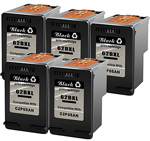 NineLeaf Wiederaufbereitete Tintenpatronen kompatibel mit HP 62XL 62 X Envy 5540 5545 5546 5548 5640 5644 5646 5660 5665 7640 8000 OfficeJet 200 250 5740 5742 Drucker (5 Schwarz)