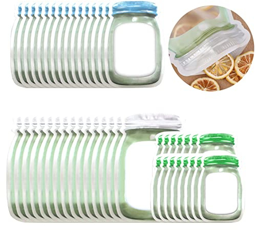 Enkrio 45 Pack Mason Bottle Shape Reusable Storage Bags Airtight Freezer Bags Seal Snack Bag for Food Travel Home Organization (15S 15M 15L)