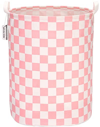 Sea Team 19.7 pulgadas de gran tamaño con revestimiento impermeable de tela de algodón de ramio, cesto de almacenamiento de lona de arpillera cilíndrica con elegante diseño de rejilla rosa
